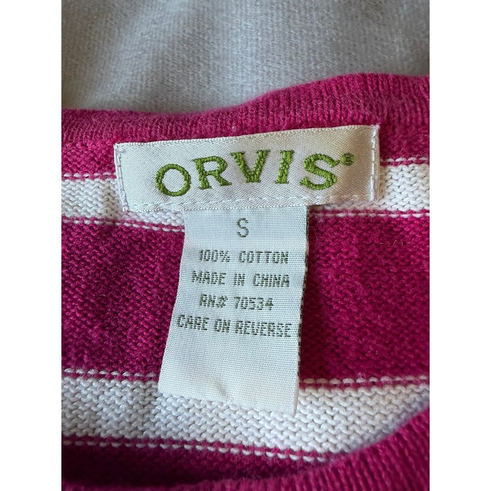Orvis Womens Magenta Pink White Striped 100% Cotton Crewneck Sweater Size S - Picture 3 of 3